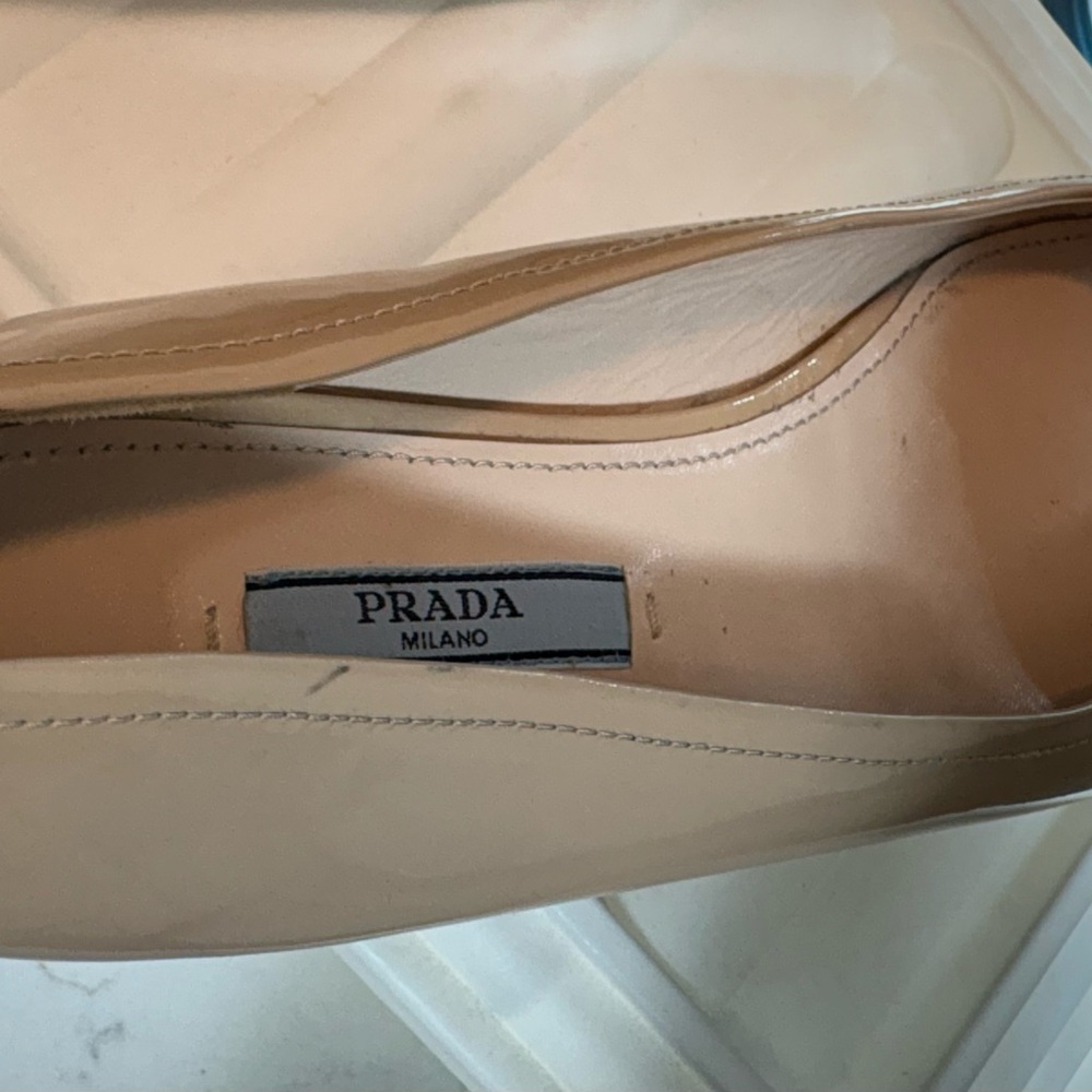 Prada Women's Nude Patent Leather Flats with Black Bow - Picture 13 of 13